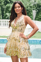 Load image into Gallery viewer, Sparkly Golden A-Line Halter Sequined Homecoming Dress with Ruffles