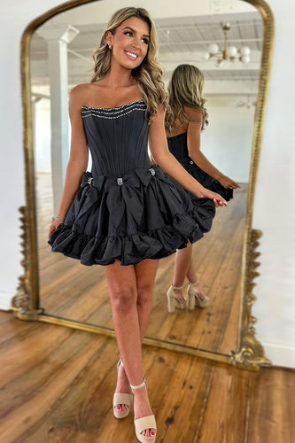 A-Line Black Strapless Beaded Homecoming Dress with Ruffles