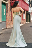 Load image into Gallery viewer, Sparkly Sage Spaghetti Straps Satin Long Corset Prom Dress With Slit