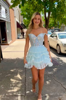 Load image into Gallery viewer, Sparkly Black A-Line Off The Shoulder Tiered Homecoming Dress