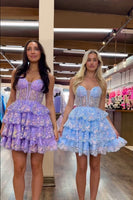 Load image into Gallery viewer, Sparkly A-Line Lilac Spaghetti Straps Corset Homecoming Dress with Sequins
