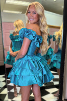 Load image into Gallery viewer, Blue A-Line Off The Shoulder Homecoming Dress with Ruffles