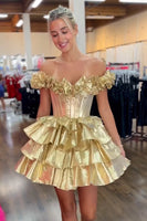 Load image into Gallery viewer, Blue A-Line Off The Shoulder Homecoming Dress with Ruffles