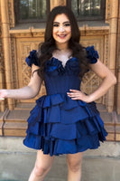 Load image into Gallery viewer, Blue A-Line Off The Shoulder Homecoming Dress with Ruffles