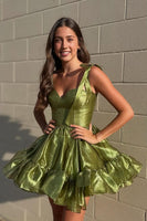 Load image into Gallery viewer, A-Line Blue Adjustable Straps metallic Pleated Short Homecoming Dress