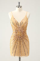 Load image into Gallery viewer, Bodycon Golden Spaghetti Straps Homecoming Dress with Sequins