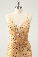 Load image into Gallery viewer, Bodycon Golden Spaghetti Straps Homecoming Dress with Sequins