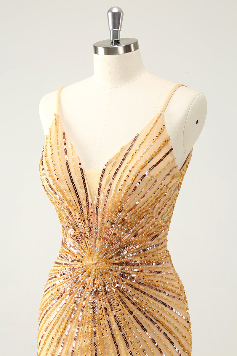 Load image into Gallery viewer, Bodycon Golden Spaghetti Straps Homecoming Dress with Sequins