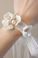 Load image into Gallery viewer, White Ceramic Petal Porm Wrist Corsage with Pearls