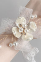 Load image into Gallery viewer, White Ceramic Flower Pearl Prom Wrist Corsage with Lace Ribbon