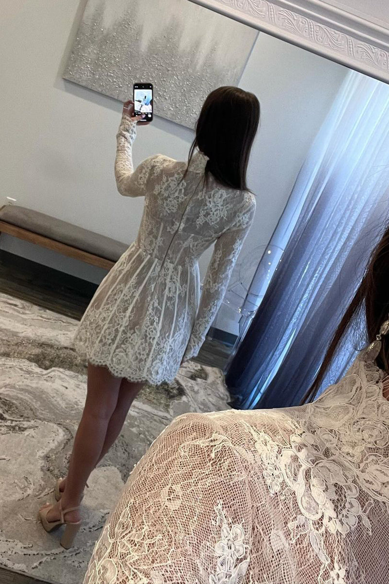 Load image into Gallery viewer, White A-Line Laced Short Homecoming Dress with Long Sleeves