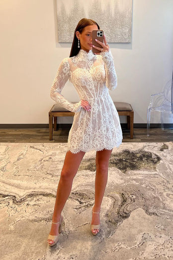 White A-Line Laced Short Homecoming Dress with Long Sleeves