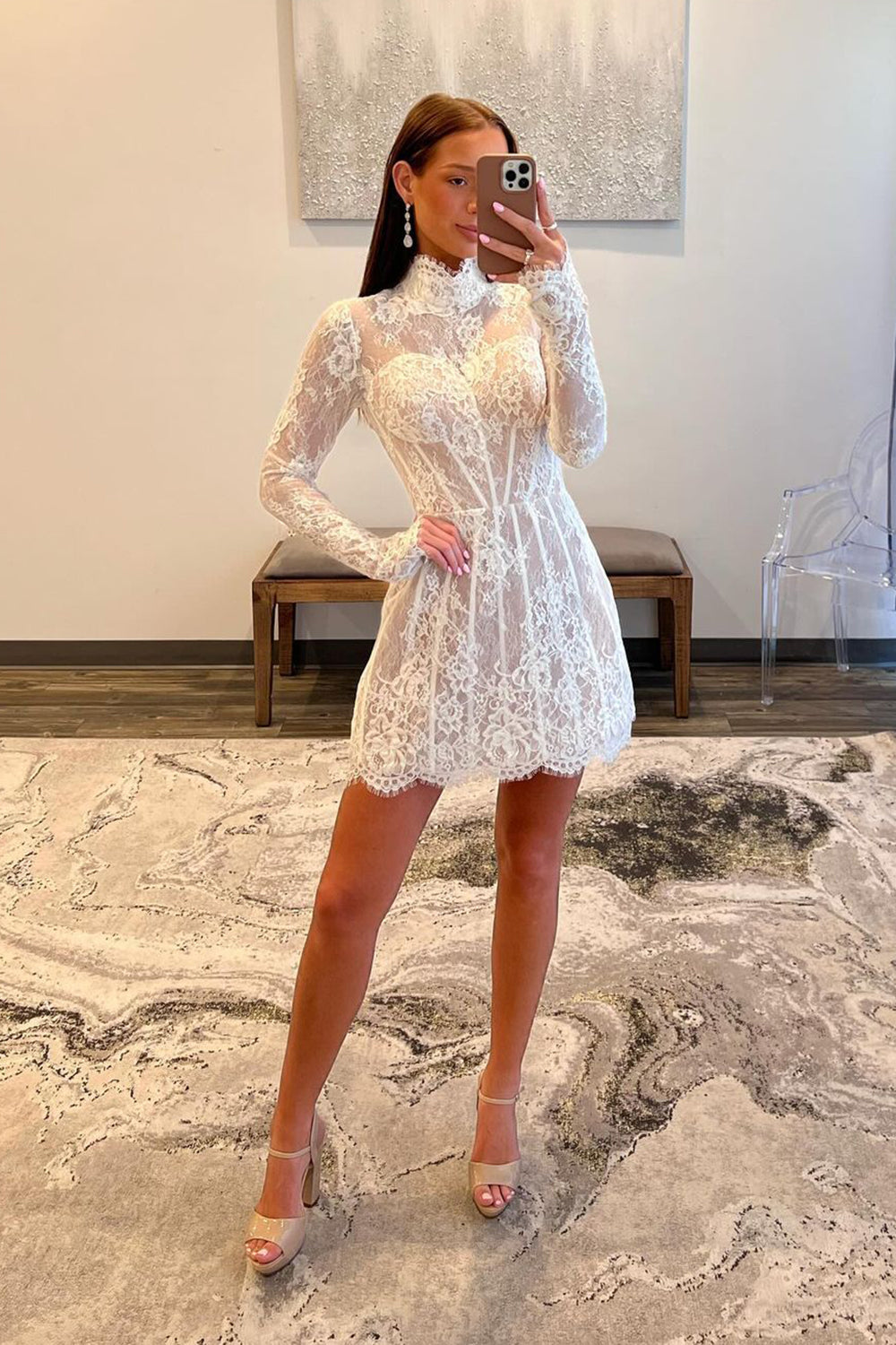 White A-Line Laced Short Homecoming Dress with Long Sleeves