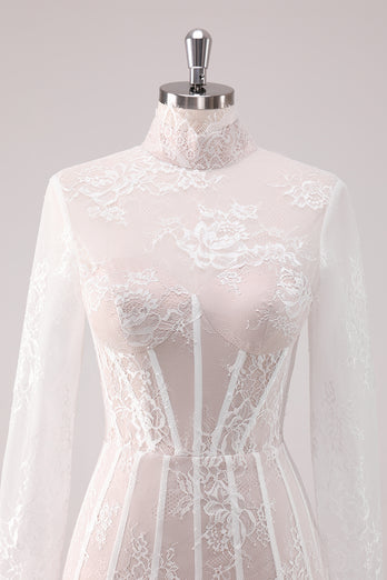 White A-Line Laced Short Homecoming Dress with Long Sleeves