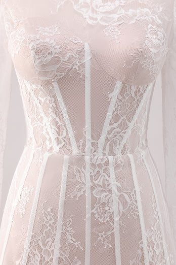 White A-Line Laced Short Homecoming Dress with Long Sleeves
