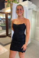 Load image into Gallery viewer, Sparkly Black Bateau Neck Tight Homecoming Dresses with Lace