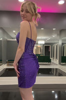Load image into Gallery viewer, Dark Purple Spaghetti Straps Tight Homecoming Dress with Beading