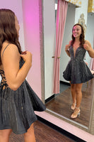 Load image into Gallery viewer, A-Line Black Spaghetti Straps Short Homecoming Dress with Beading