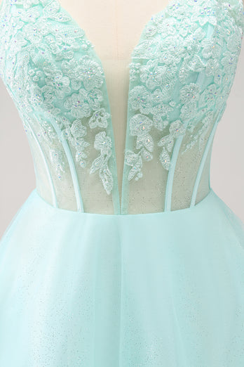 Green A-Line Spaghetti Straps Corset Short Homecoming Dress
