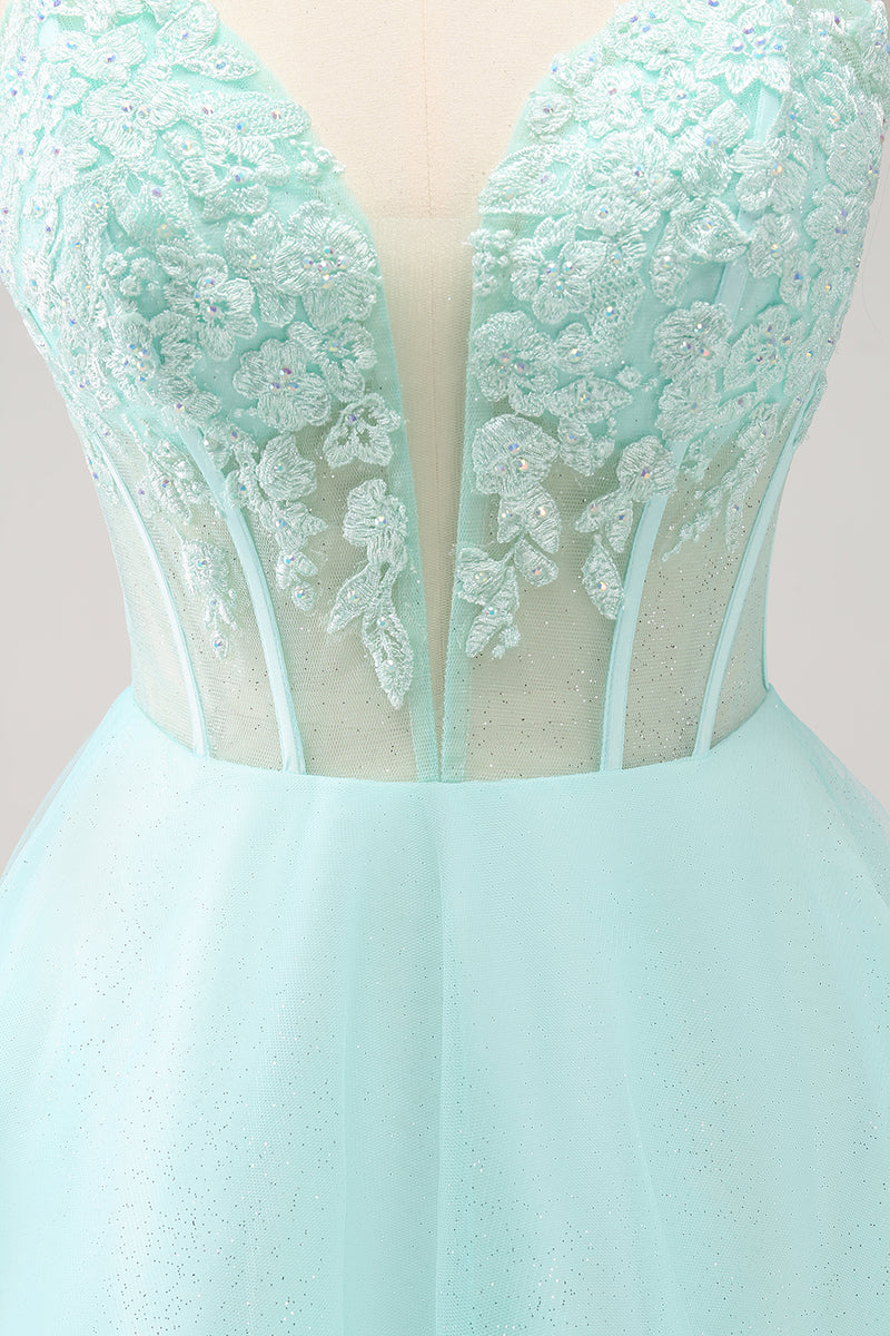 Load image into Gallery viewer, Green A-Line Spaghetti Straps Corset Short Homecoming Dress