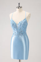 Load image into Gallery viewer, Blue Spaghetti Straps Tight Short Homecoming Dress with Appliques