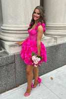 Load image into Gallery viewer, Fuchsia Spaghetti Straps Corset Homecoming Dress with Flower Ruffles