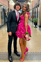 Load image into Gallery viewer, Fuchsia Spaghetti Straps Corset Homecoming Dress with Flower Ruffles