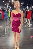 Load image into Gallery viewer, Strapless Fuchsia Tight Corset Short Homecoming Dress with Sequins