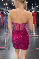 Load image into Gallery viewer, Strapless Fuchsia Tight Corset Short Homecoming Dress with Sequins