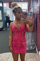 Load image into Gallery viewer, Fuchsia Spaghetti Straps Tight Short Homecoming Dress with Sequins