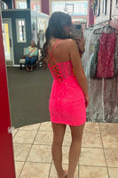 Load image into Gallery viewer, Sparkly Fuchsia Spaghetti Straps Tight Homecoming Dress with Lace Up Back