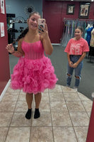 Load image into Gallery viewer, A Line Fuchsia Spaghetti Straps Corset Homecoming Dress with Ruffles