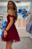 Load image into Gallery viewer, Burgundy A Line Cold Shoulder Corset Tulle Short Homecoming Dress
