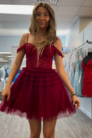 Load image into Gallery viewer, Burgundy A Line Cold Shoulder Corset Tulle Short Homecoming Dress