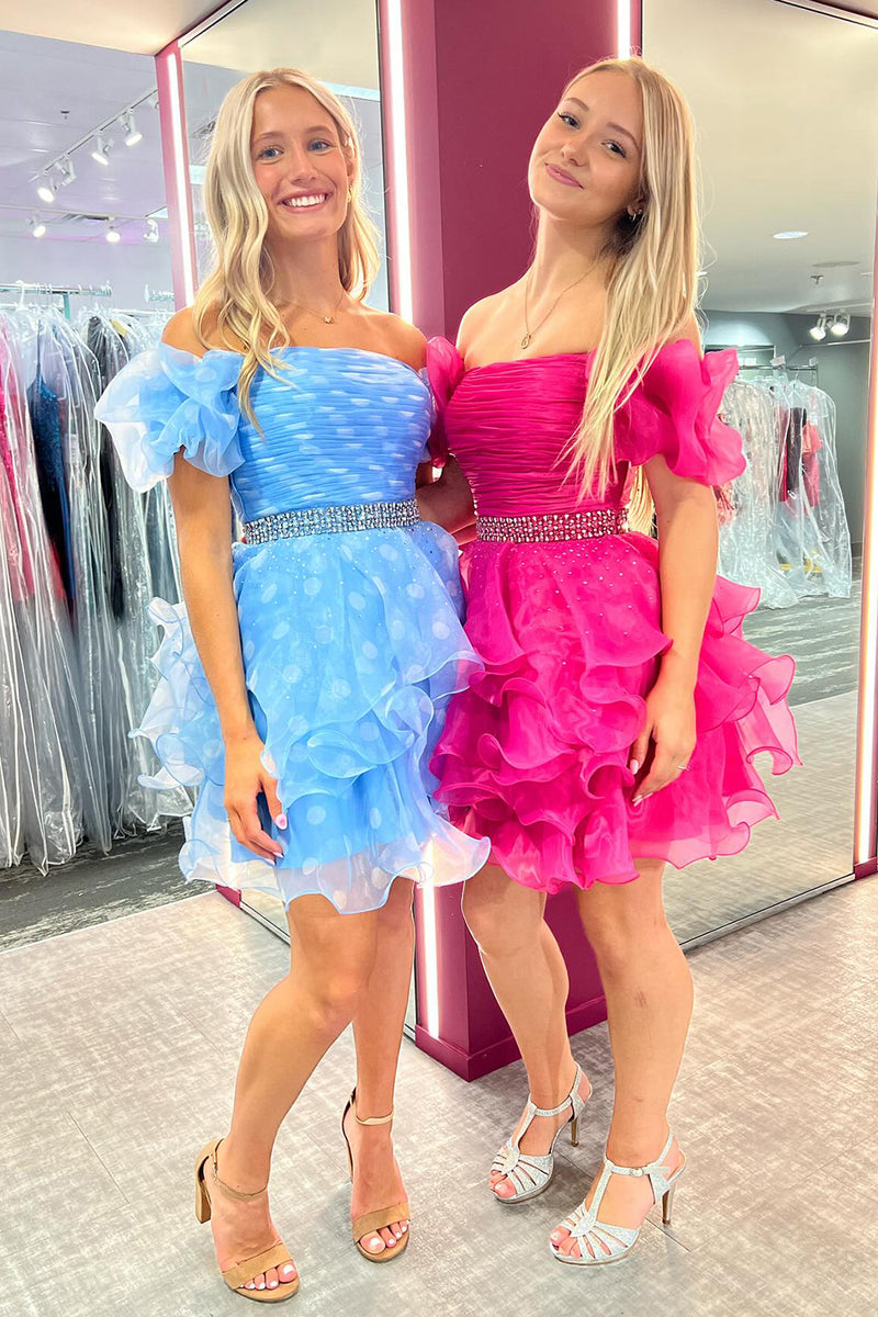 Load image into Gallery viewer, Fuchsia Off The Shoulder Beaded Short Homecoming Dress with Ruffles