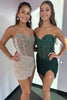 Load image into Gallery viewer, Queendancer Women Sparkly Blush Sequins Short Corset Homecoming Dress with Slit Bodycon Sequins Strapless Beaded Cocktail Dress