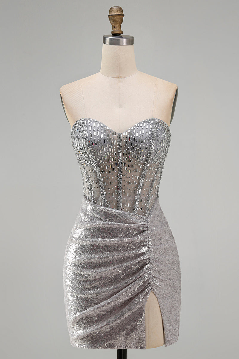 Load image into Gallery viewer, Sparkly Blush Bodycon Sequins Short Corset Homecoming Dress with Slit