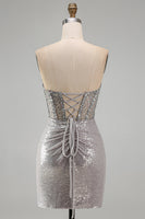 Load image into Gallery viewer, Sparkly Blush Bodycon Sequins Short Corset Homecoming Dress with Slit