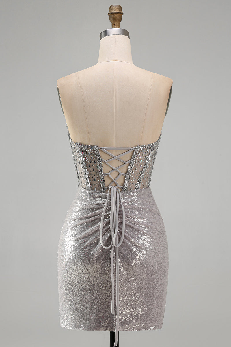 Load image into Gallery viewer, Sparkly Blush Bodycon Sequins Short Corset Homecoming Dress with Slit