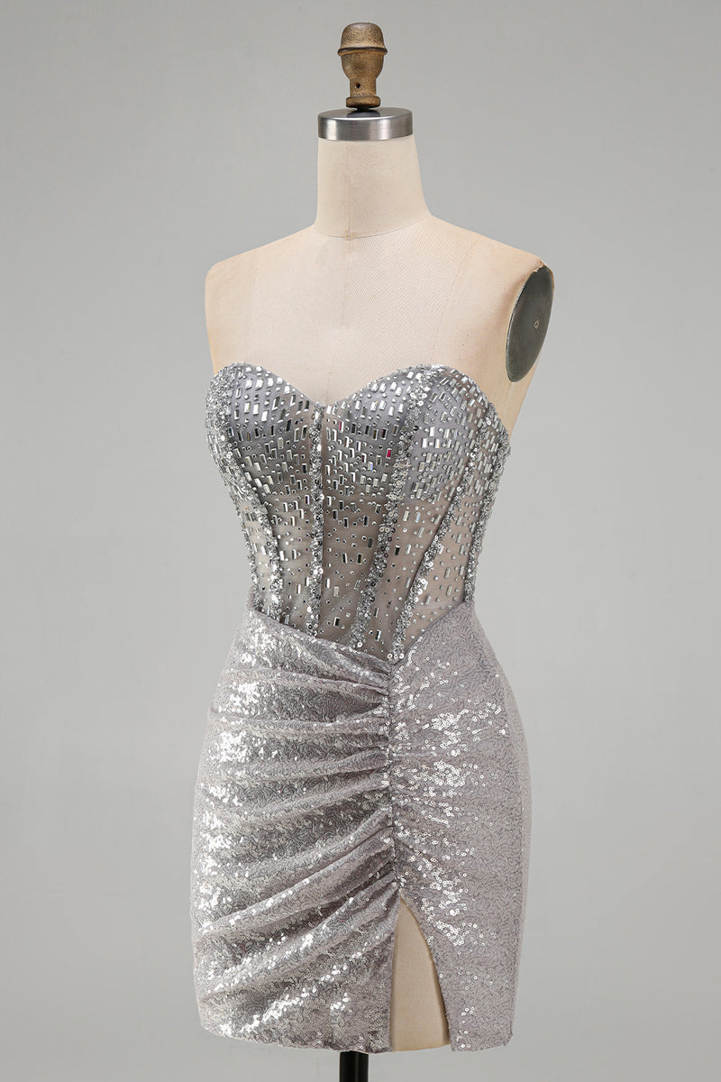 Load image into Gallery viewer, Sparkly Blush Bodycon Sequins Short Corset Homecoming Dress with Slit