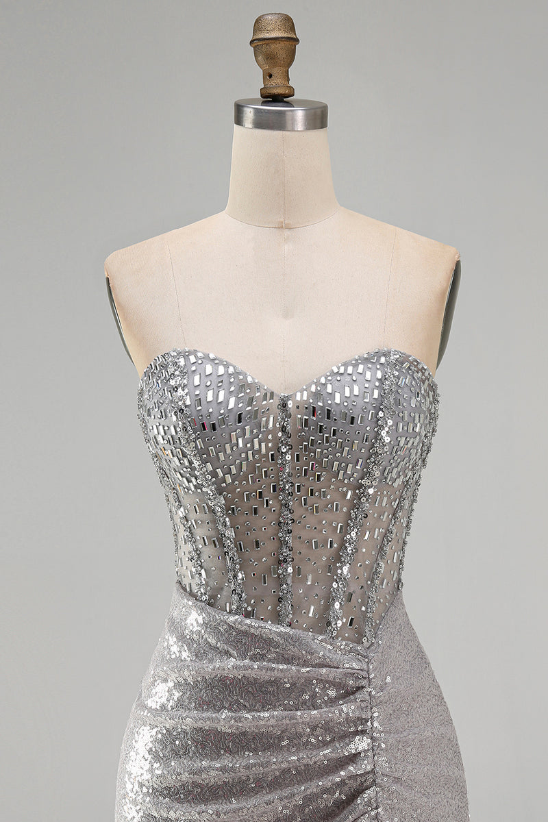 Load image into Gallery viewer, Sparkly Blush Bodycon Sequins Short Corset Homecoming Dress with Slit