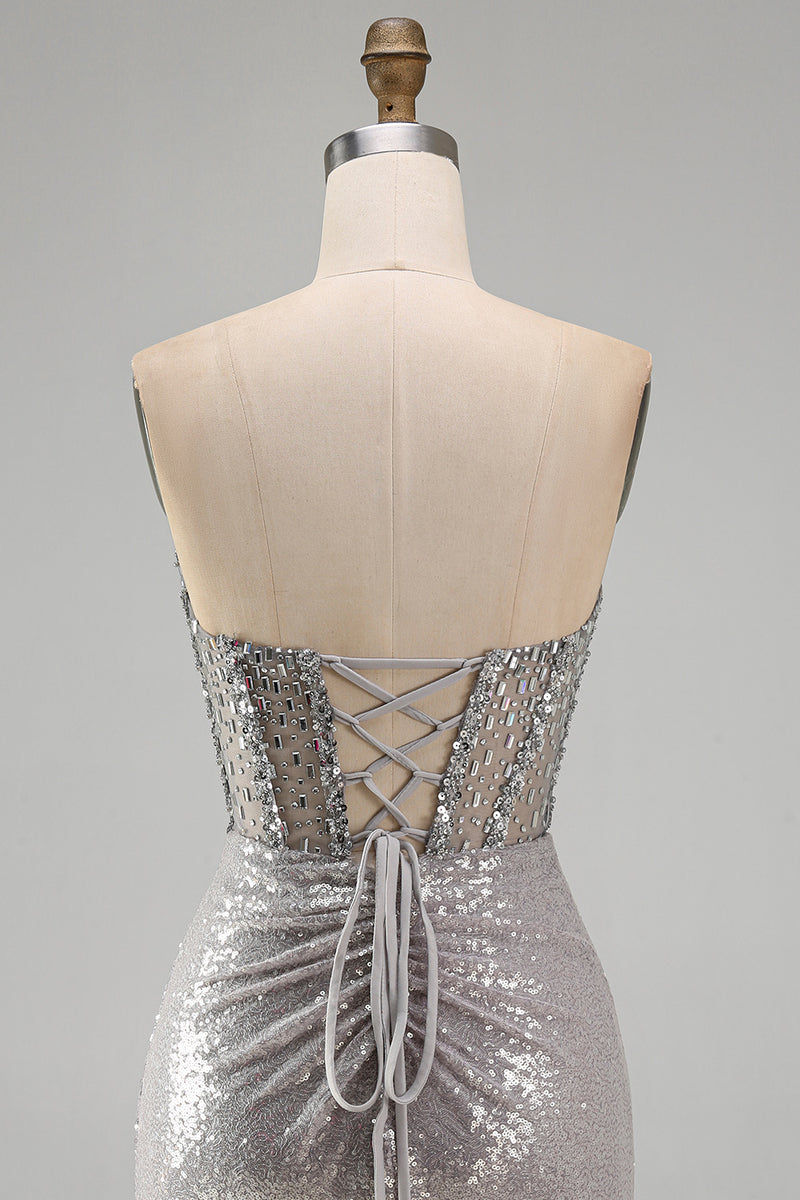 Load image into Gallery viewer, Sparkly Blush Bodycon Sequins Short Corset Homecoming Dress with Slit