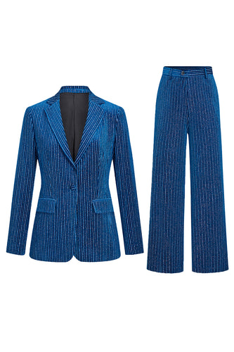 2 Piece Ink Blue Stripe Notched Lapel Long Sleeves Women Prom Suits