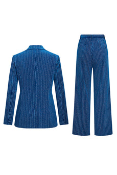 2 Piece Ink Blue Stripe Notched Lapel Long Sleeves Women Prom Suits