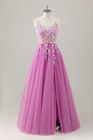 Load image into Gallery viewer, Spaghetti Straps Purple A-Line Sequined Long Prom Dress with Appliques