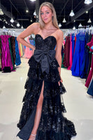 Load image into Gallery viewer, Black Strapless Appliqued Ruffled A-Line Prom Dress with Bow