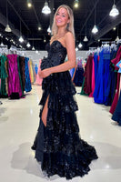 Load image into Gallery viewer, Black Strapless Appliqued Ruffled A-Line Prom Dress with Bow