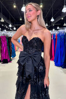 Load image into Gallery viewer, Black Strapless Appliqued Ruffled A-Line Prom Dress with Bow