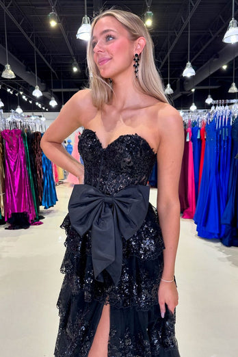 Black Strapless Appliqued Ruffled A-Line Prom Dress with Bow