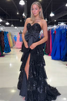 Load image into Gallery viewer, Black Strapless Appliqued Ruffled A-Line Prom Dress with Bow